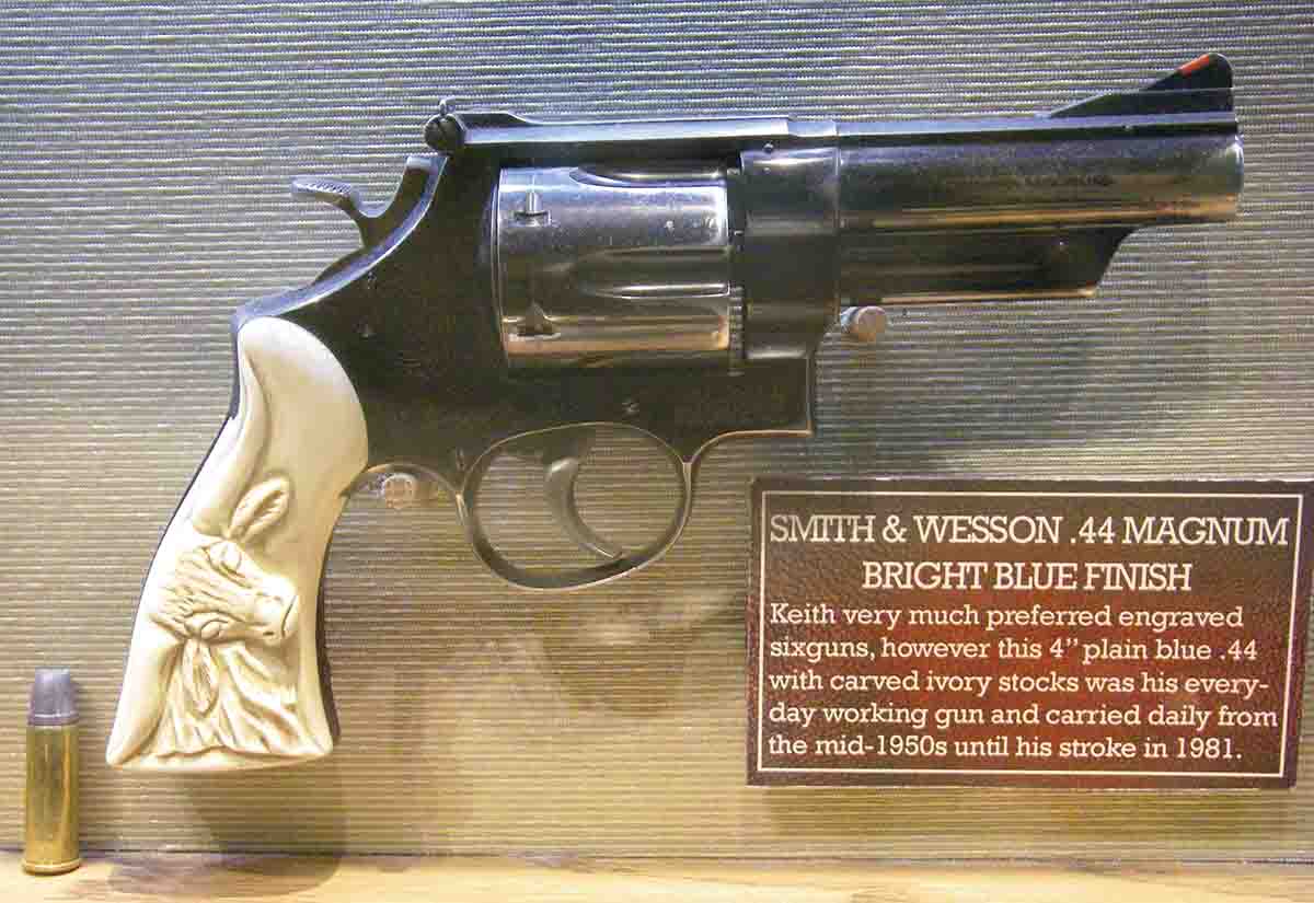This was Keith’s everyday “working” Smith & Wesson .44 Magnum with a 4-inch barrel and fitted with carved ivory stocks.